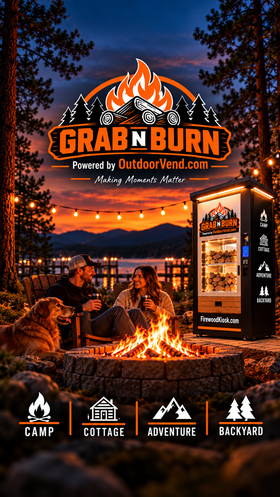 Friends by a fire beside a GrabNburn firewood machine